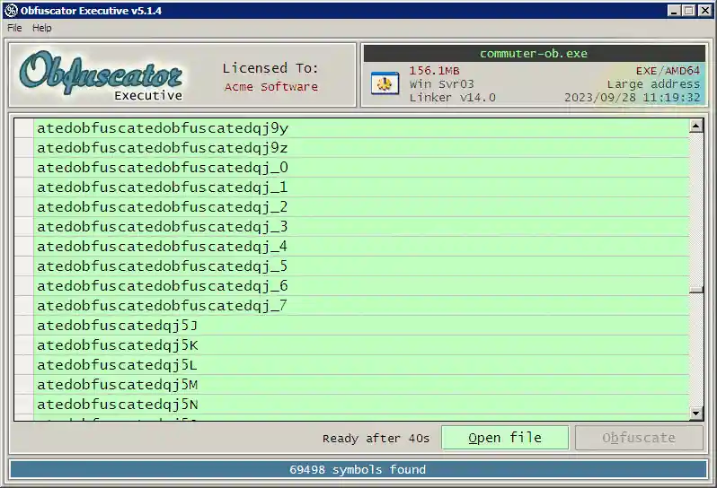 Analysis of the new EXE shows the symbolic data was obfuscated. Analysis of protected endpoint.exe shows concealed plaintext post-obfuscation.